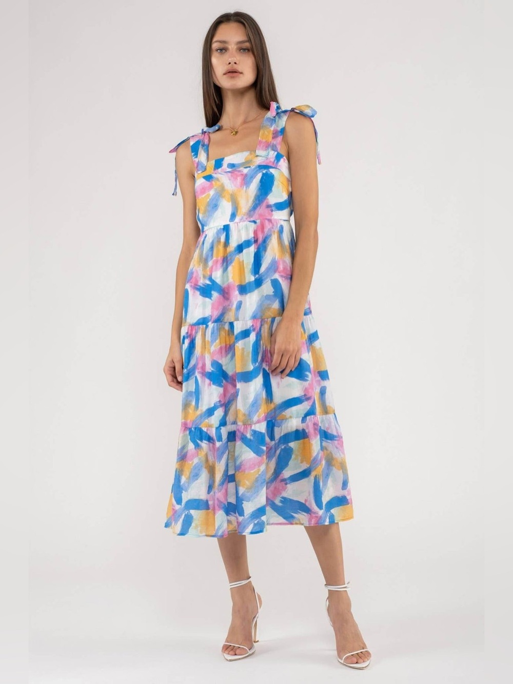 Tie-Shoulder Tiered Midi Dress in Blue, Pink & Yellow Brushstroke